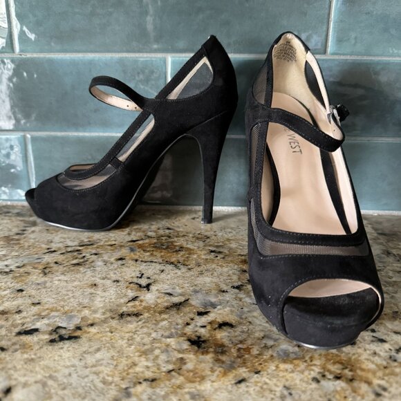 Nine West Platform Heels Women 6M Black Suede Mesh Mary Jane Y2K Fairy Sheer Toe - Picture 2 of 7